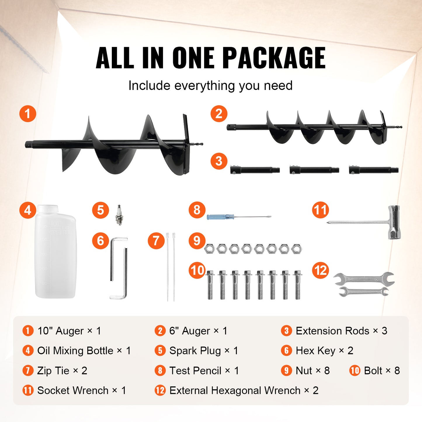 VEVOR 52cc Gas Post Hole Digger with 6" & 10" Auger Bits - 1450W Power