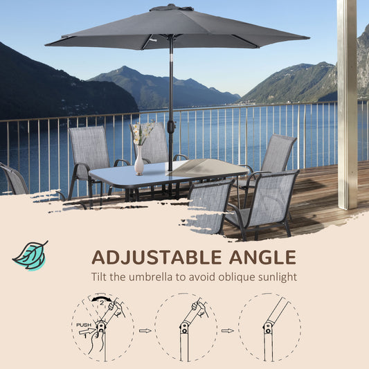 8-Piece Outdoor Dining Set with 9Ft Shade Umbrella | Glass Table, 6 Stackable Chairs, Gray