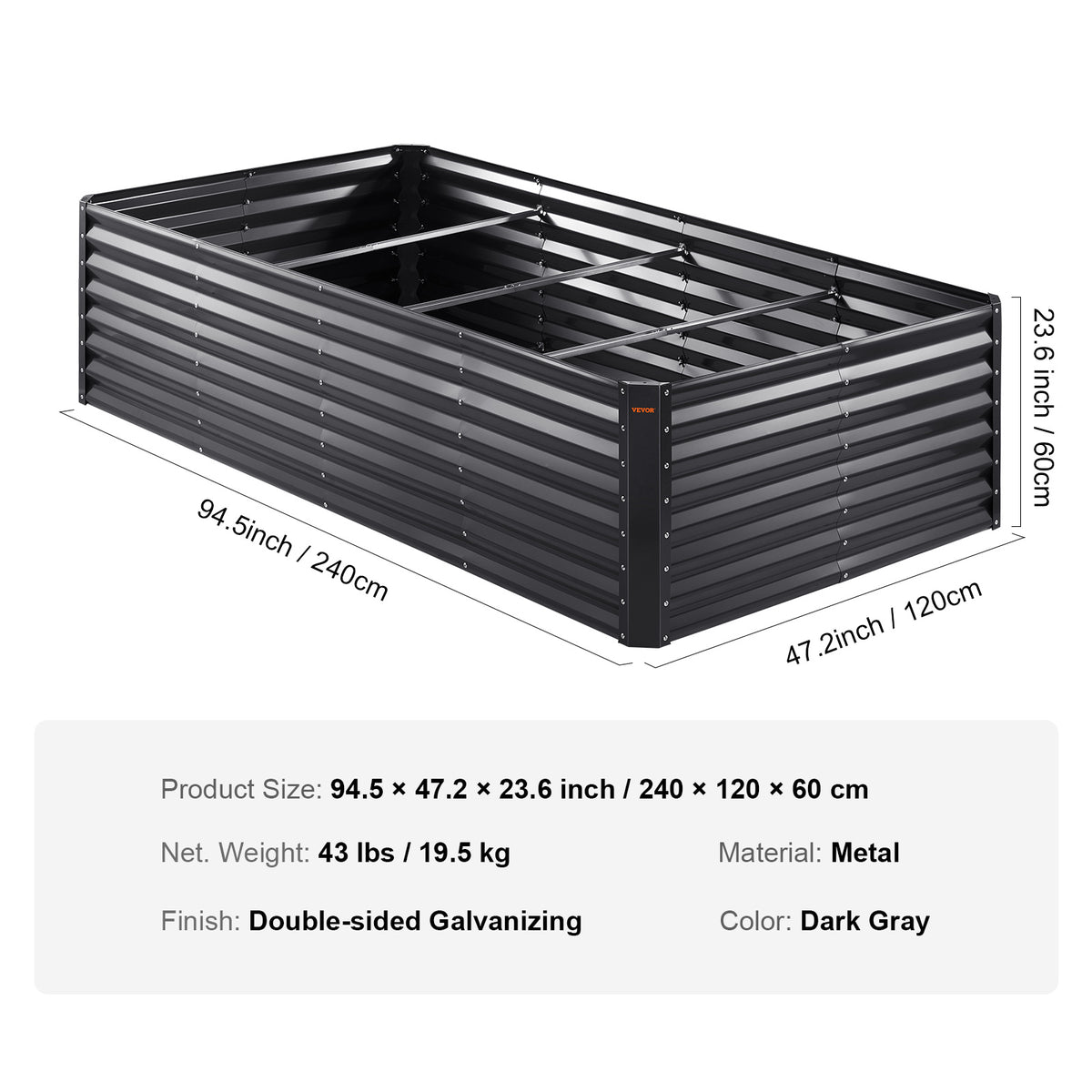 Galvanized Raised Garden Bed, 94.5 x 47.2 x 23.6 Inches