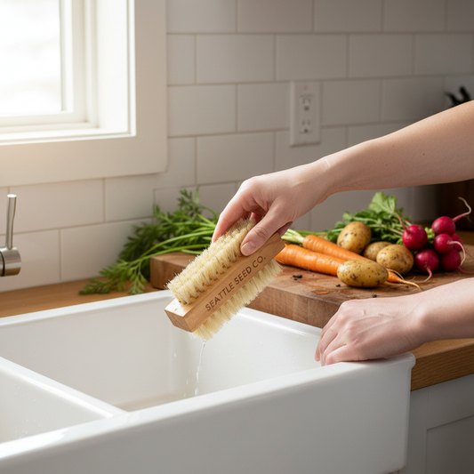 Wooden brush with bristles labeled 'Seattle Seed Co' on a white background