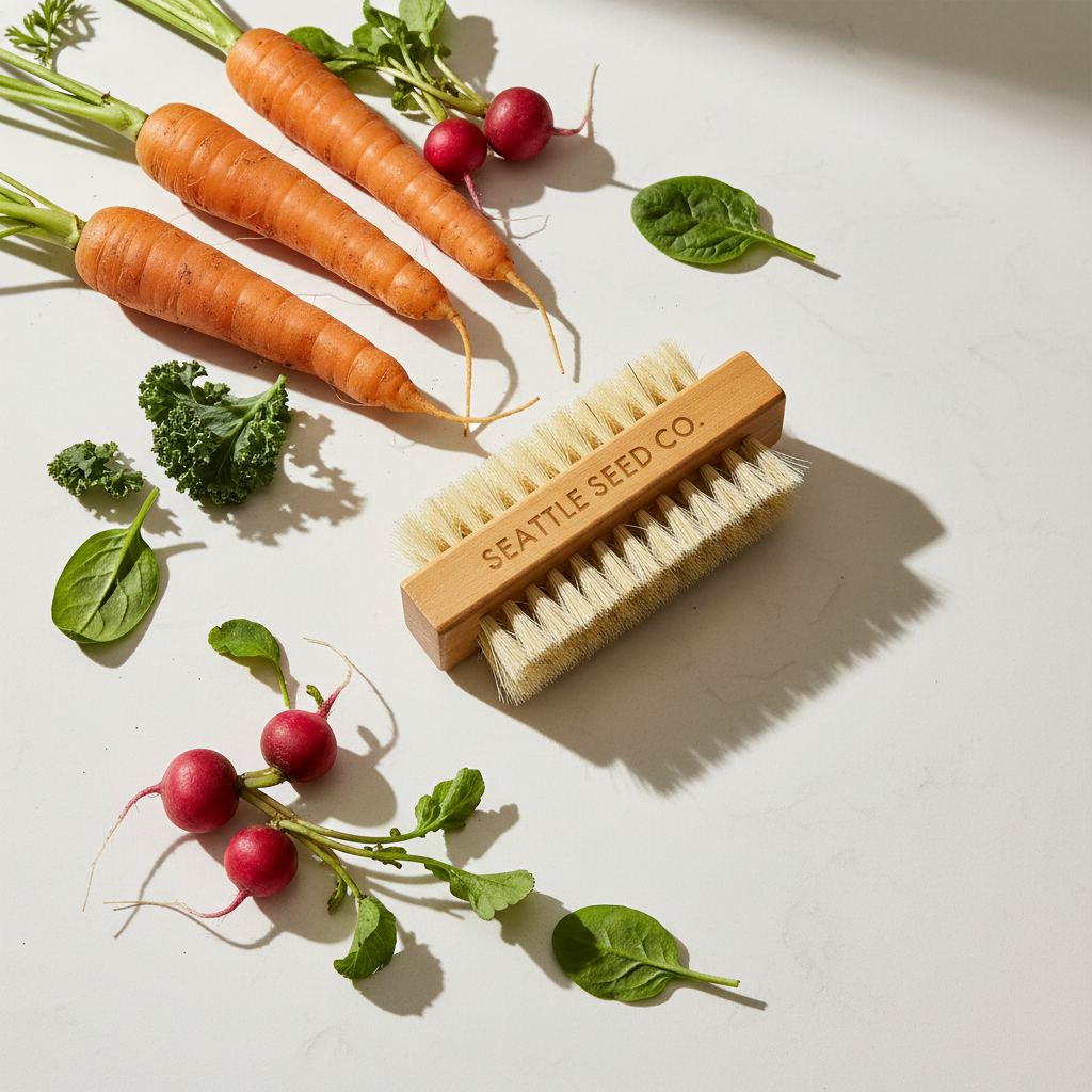 Two-Sided Natural Fiber Vegetable Scrub Brush – Wood Handle for Garden Harvest