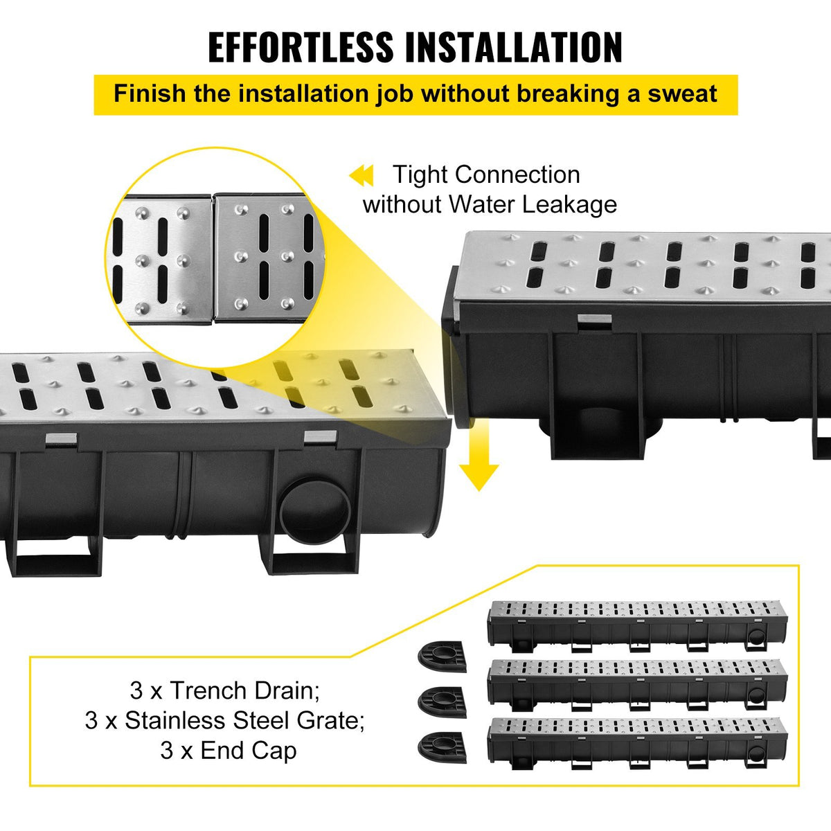 Trench Drain System 3-Pack 39-Inch Channel Drain with Metal Grate