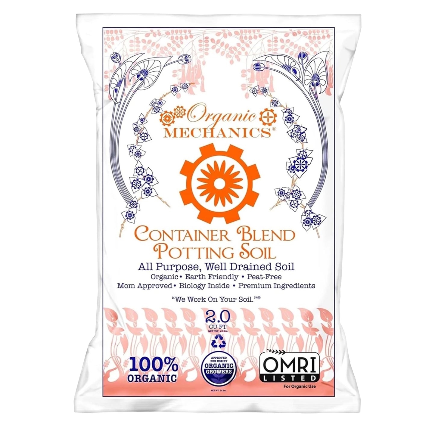 Container Blend Potting Soil, 2 Cu Ft - All-Purpose, Peat-Free, Well-Drained Blend with Compost, Rice Hulls, and Worm Castings for Growing Annuals, Perennials, Woody Plants