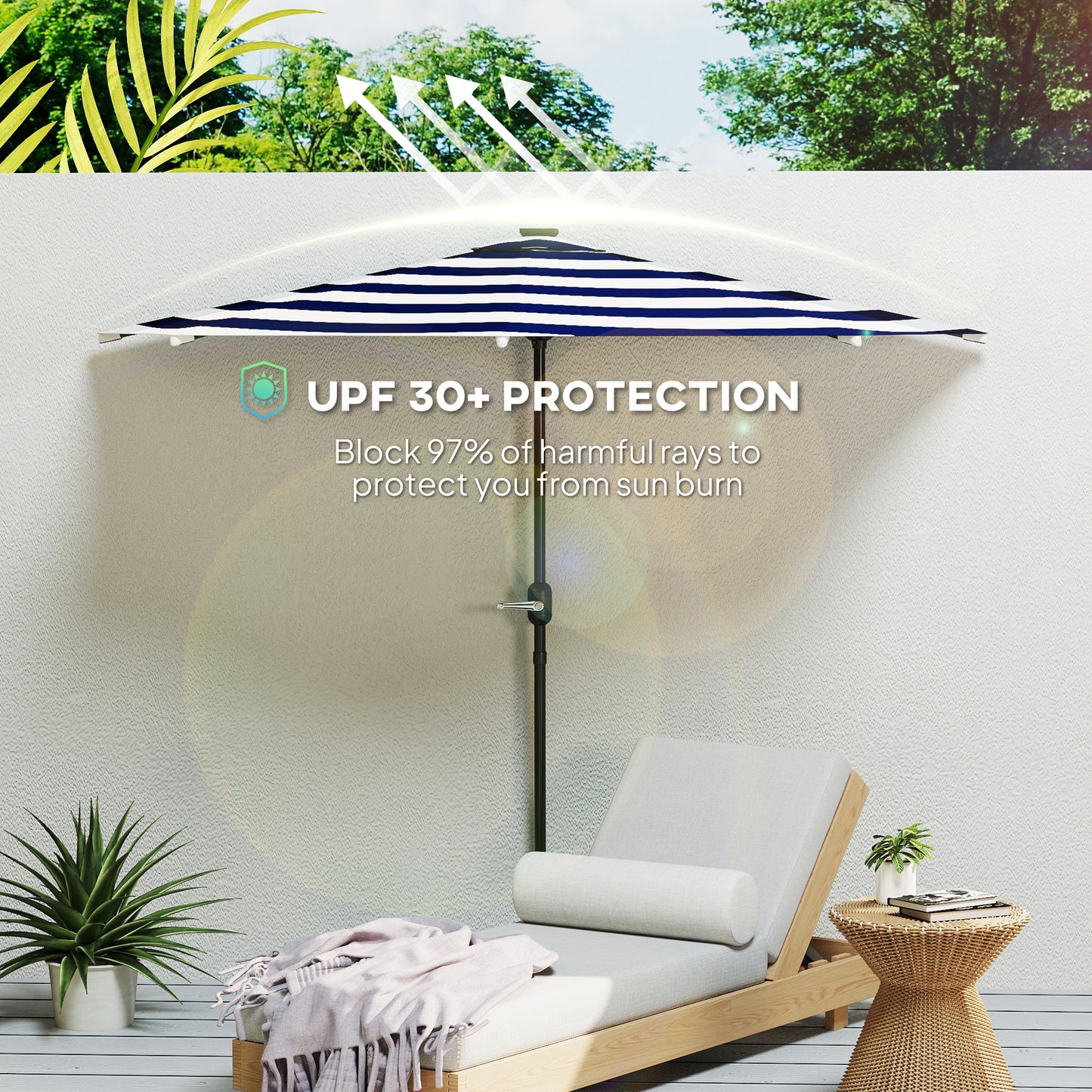 8.5 ft Solar LED Wall Umbrella β Wind Resistant, UPF 30+, Balcony & Patio