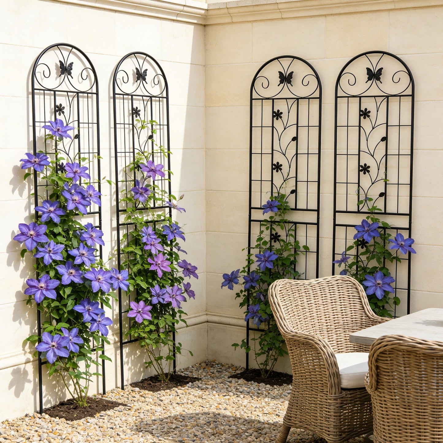 86.7 in. Garden Trellis Set of 4 – Galvanized Iron, Butterfly & Floral Motif, Black - Rooted Supplies