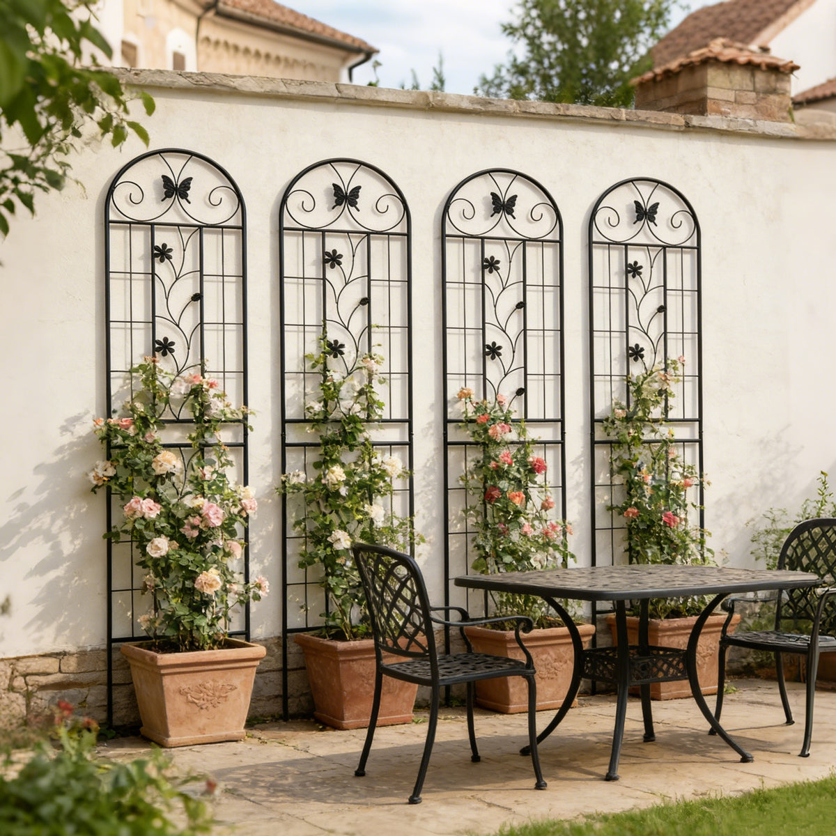86.7 in. Garden Trellis Set of 4 – Galvanized Iron, Butterfly & Floral Motif, Black - Rooted Supplies