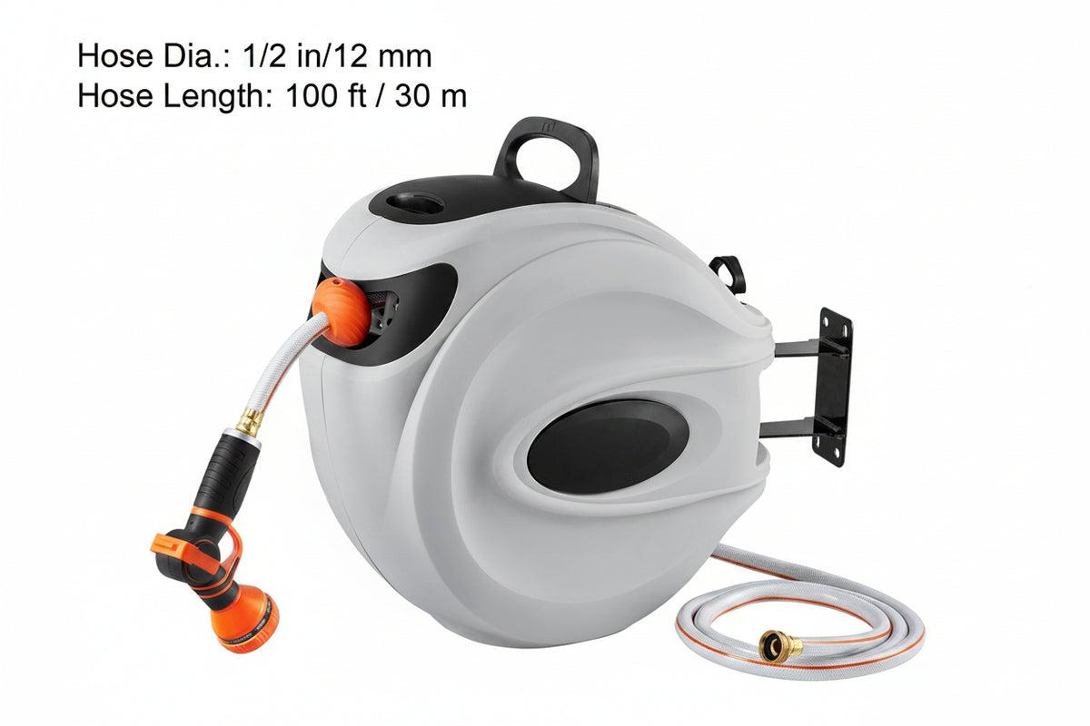 Vevor hose reel with hose and spray nozzle on a white background
