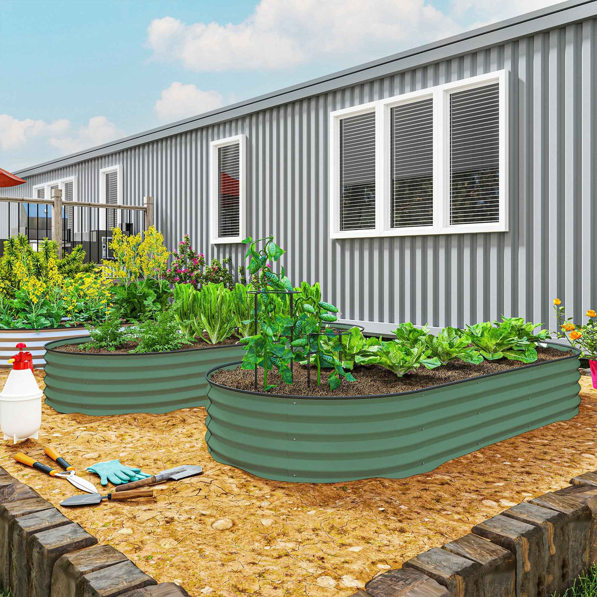 2-Piece Galvanized Raised Garden Bed Set, 7 x 3 Ft, Green