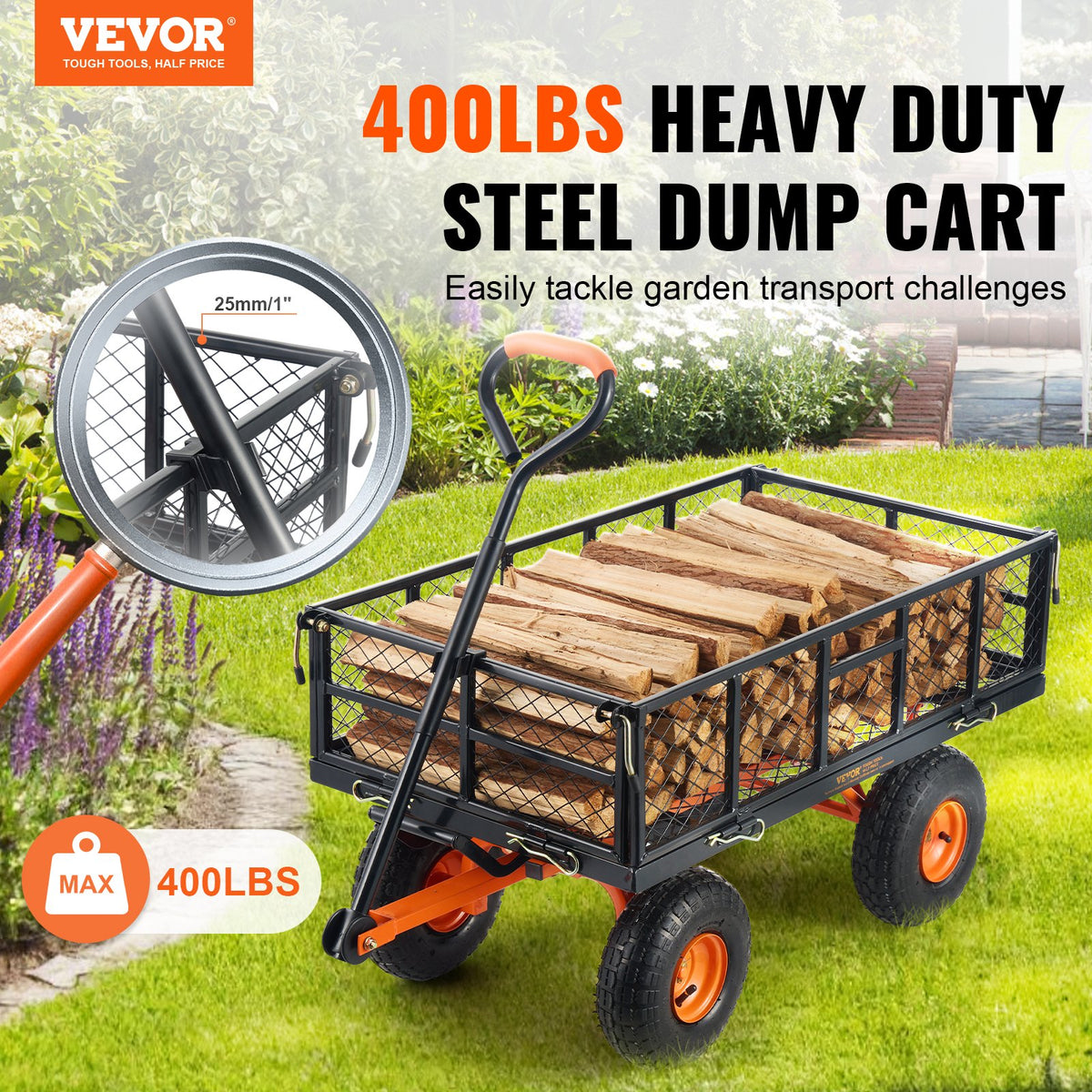 400 LB Garden Dump Cart with 180° Adjustable Handle