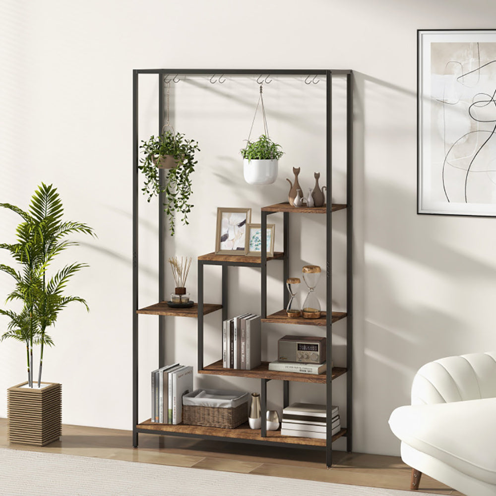 6-Tier Corner Plant Stand with Hooks Tall Metal Shelf for Indoor Plants