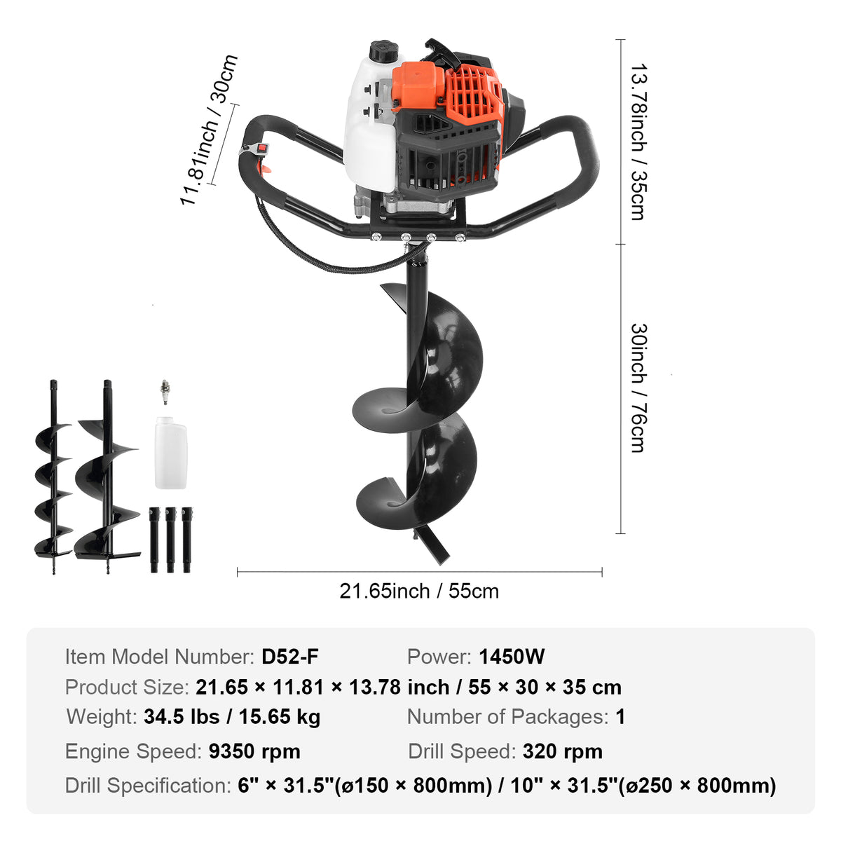 52cc 2-Stroke Gas Powered Earth Auger with Two Bit Sizes and Extension Rods for Post Holes