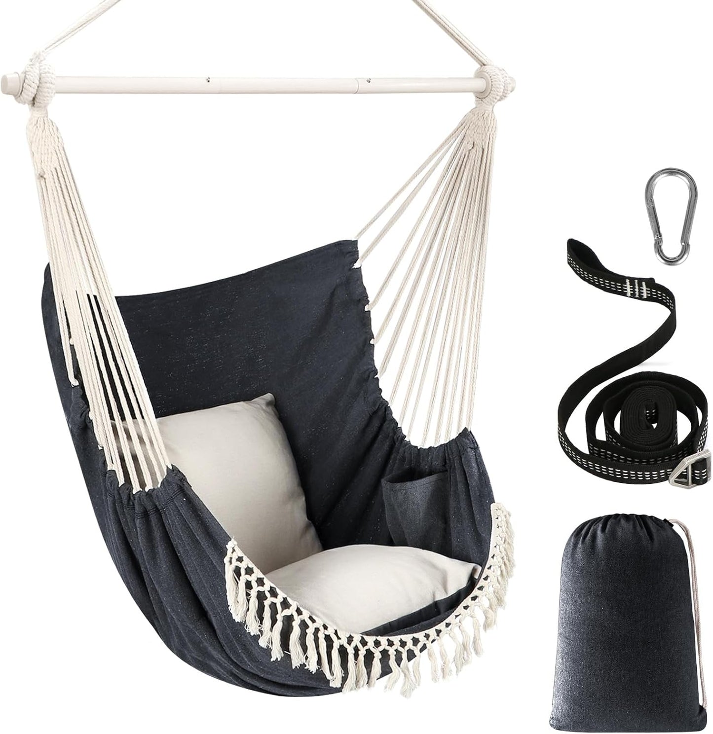 Hammock Chair Hanging Swing Max 500 Lbs 2 Cushions Included Metal Spreader Bar with Anti-Slip Grooves Portable Hanging Chair Side Pocket Large Macrame Bohemian Chair Indoor Outdoor