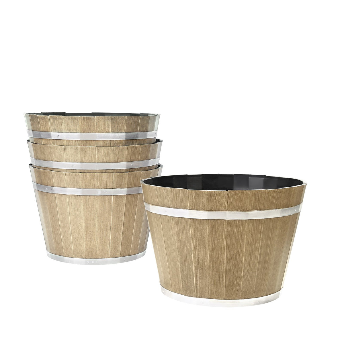 Set of wooden planters with silver bands on a white background