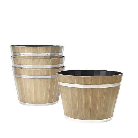 Set of wooden planters with silver bands on a white background