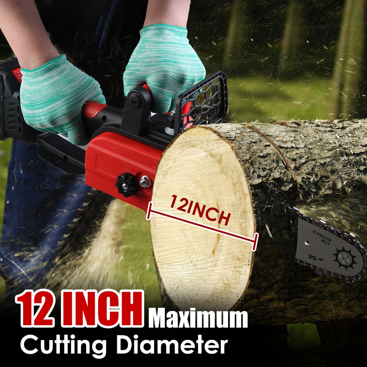 12-Inch Cordless Chainsaw, Red, 3000mAh Battery Option