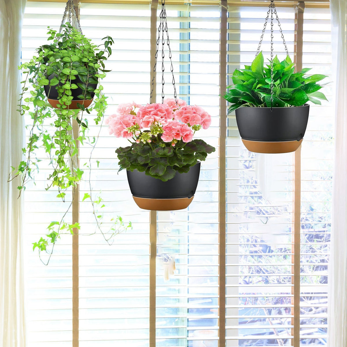 Hanging Planters with Self-Watering Trays 4-Pack 9.6-Inch Grey