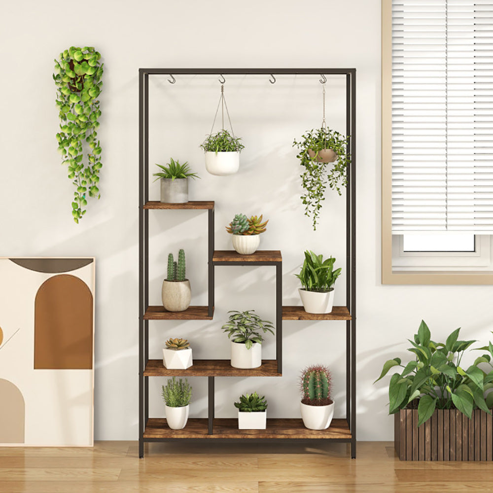 6-Tier Corner Plant Stand with Hooks Tall Metal Shelf for Indoor Plants