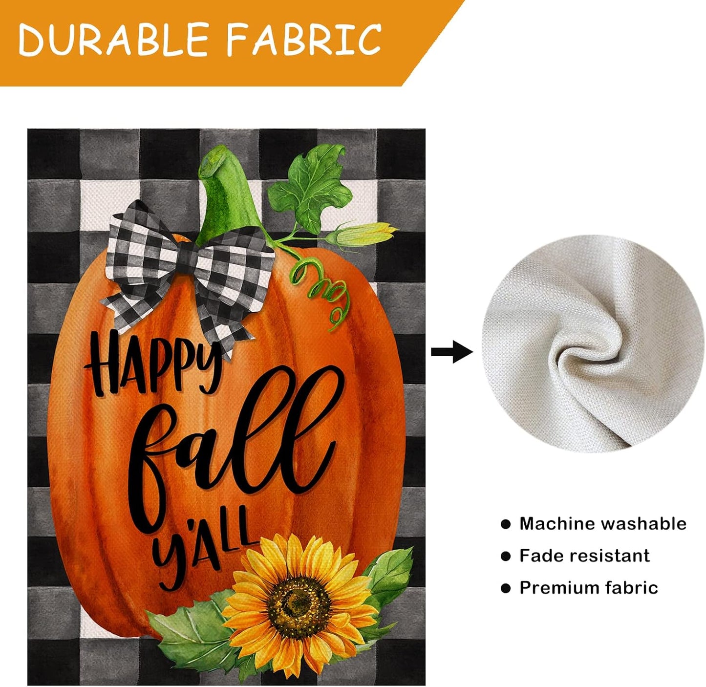 Happy Fall Y'All Farmhouse Pumpkin Decorative Burlap Garden Flag, Buffalo Plaid Check Home Yard Small Outdoor Decor, Rustic Autumn Harvest Sunflower outside Decoration Double Sided 12 X 18