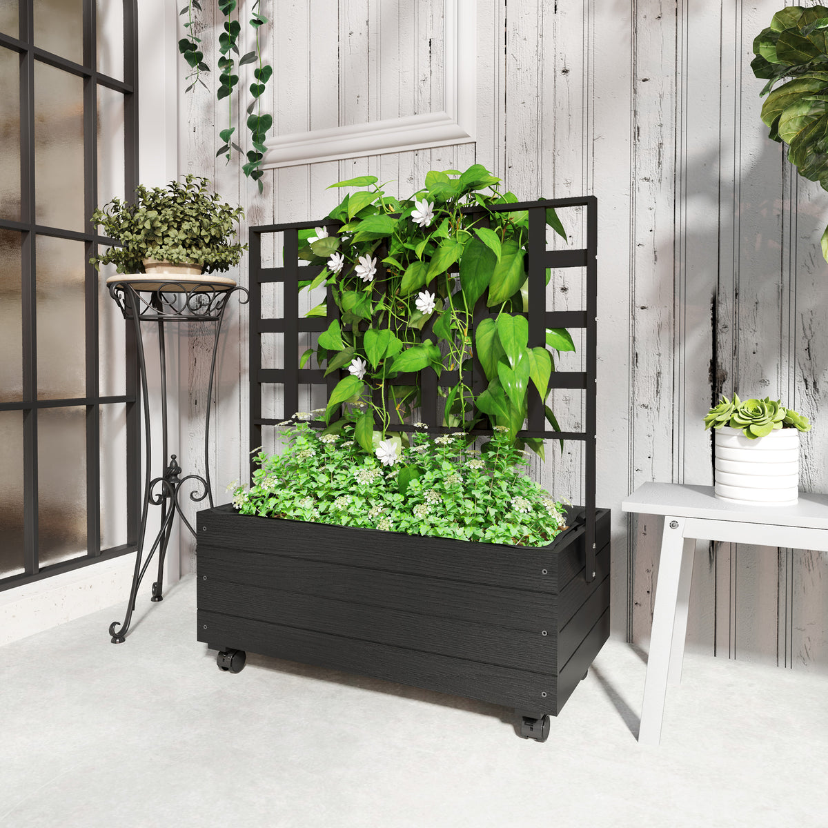 Raised Garden Bed with Trellis & Wheels, 34.6 in Wood