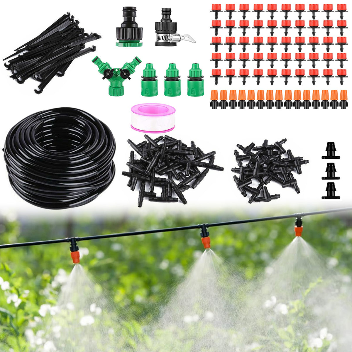 164 ft Drip Irrigation Kit, 65 Nozzles, 3-Zone, 215 sq ft