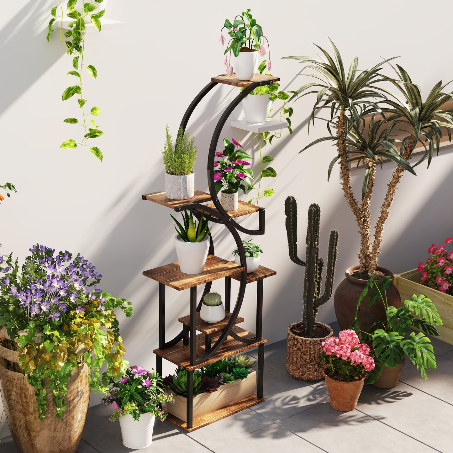 8-Tier Corner Plant Stand, 62" S-Shaped Shelf, Carbonized Steel