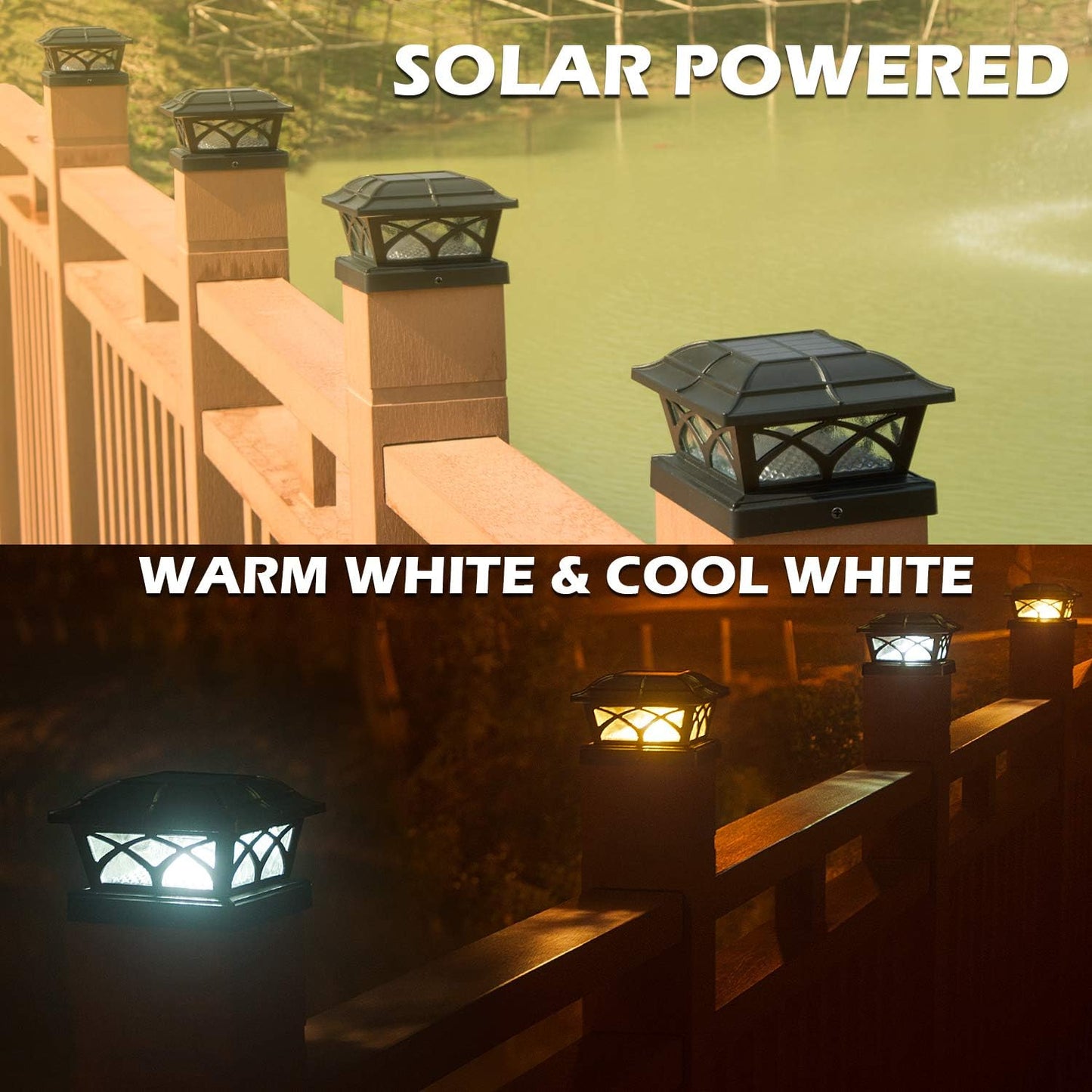 Solar Post Cap Lights Outdoor Glass 2 Modes 8 Leds for 4X4 5X5 6X6 Posts Deck Fence Patio Decoration Warm White/Cool White Lighting Black (2 Pack)