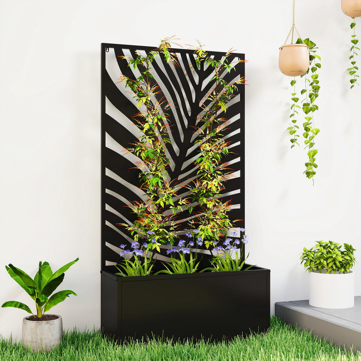 Metal Planter with Leaf-Pattern Trellis, Black