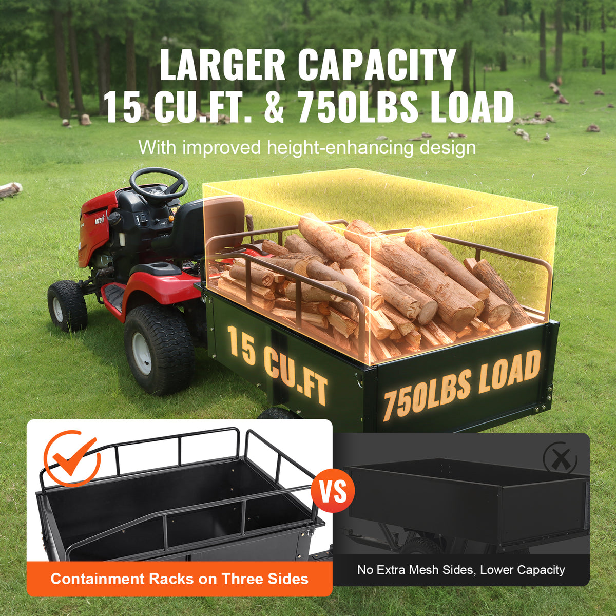 750 LB Lawn Tractor Dump Cart - 15 Cu Ft Heavy Duty Steel Trailer