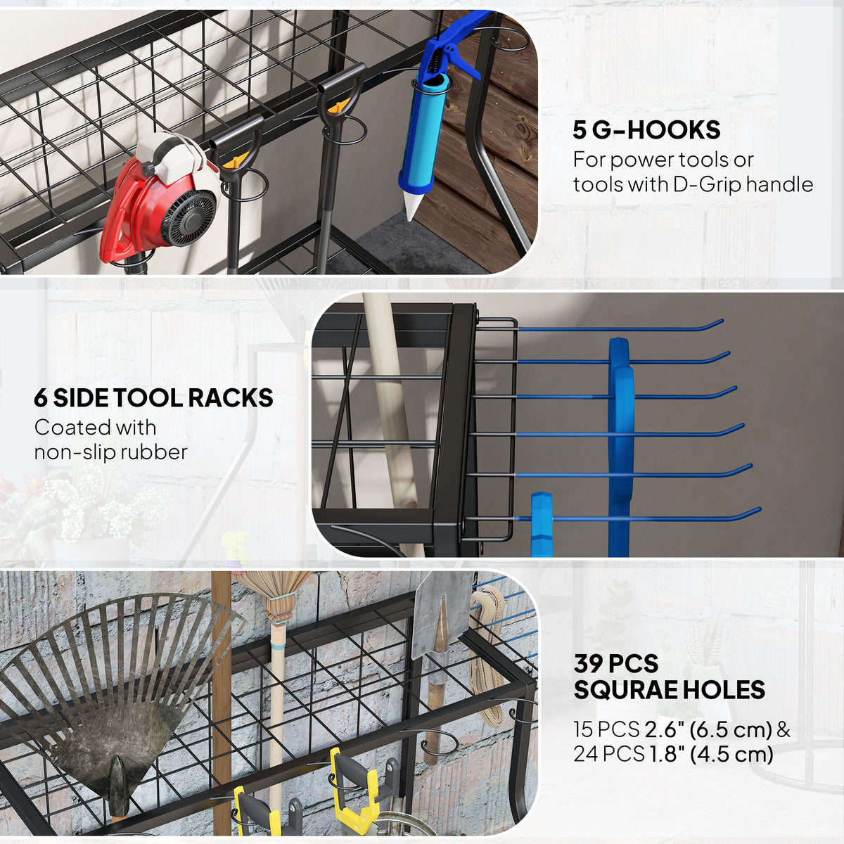 3-Tier Garden Tool Organizer Rack – Holds 20+ Tools with Hooks & Shelves
