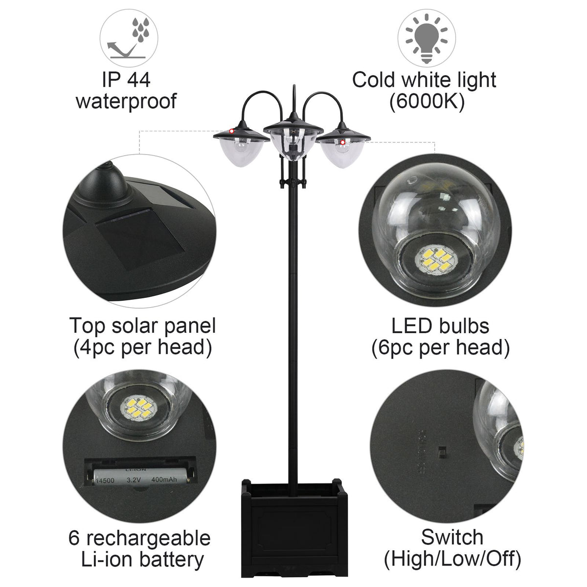 3-Head Solar Lamp Post with Planter, 74.5 In, Black