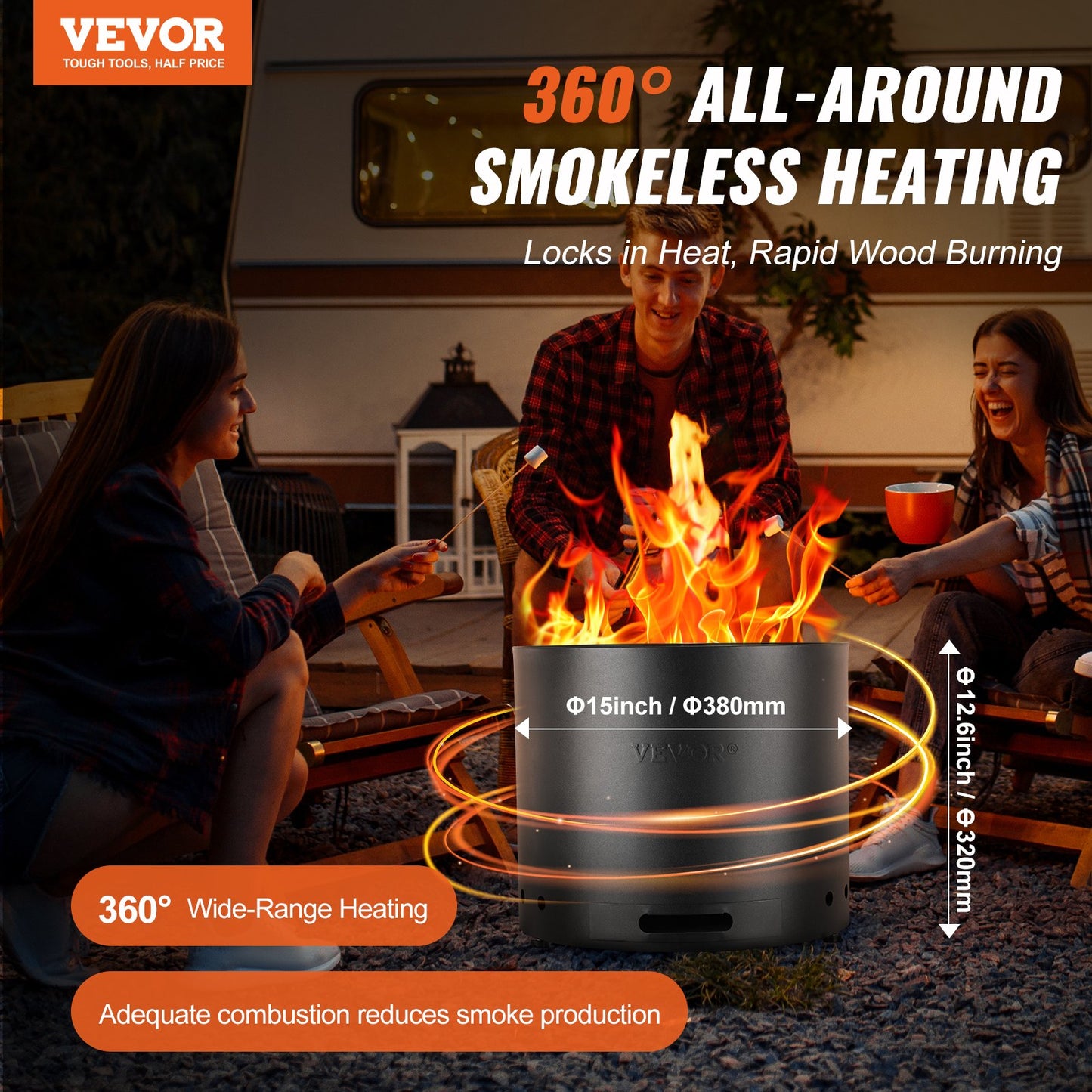 15 in. Smokeless Fire Pit with Double-Wall Secondary Combustion and Pull-Out Ash Drawer for Patio and Backyard, Black