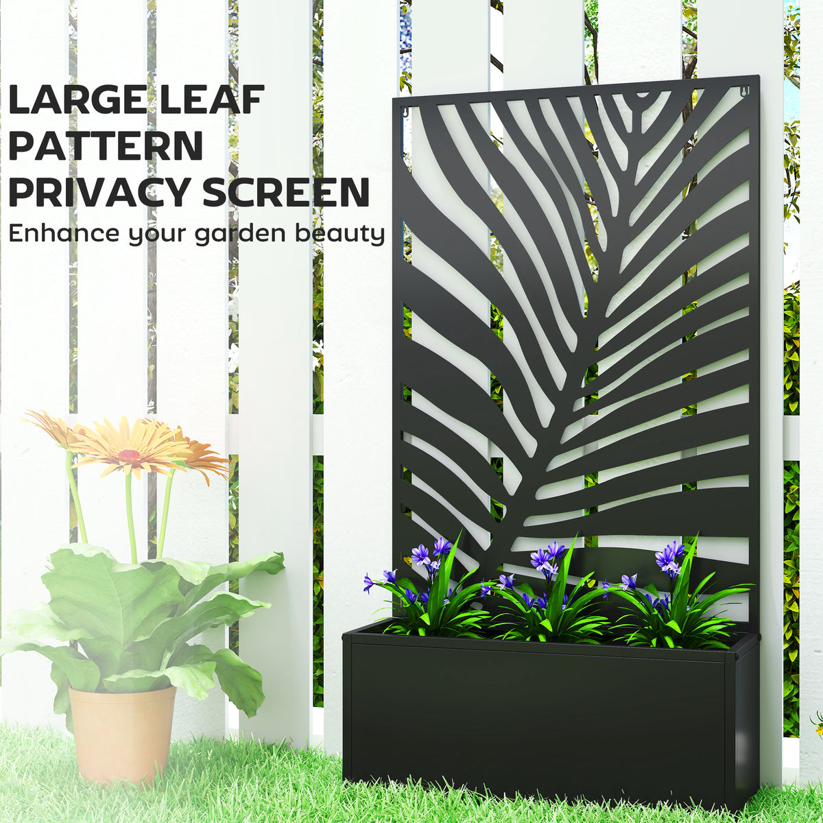Metal Planter with Leaf-Pattern Trellis, Black