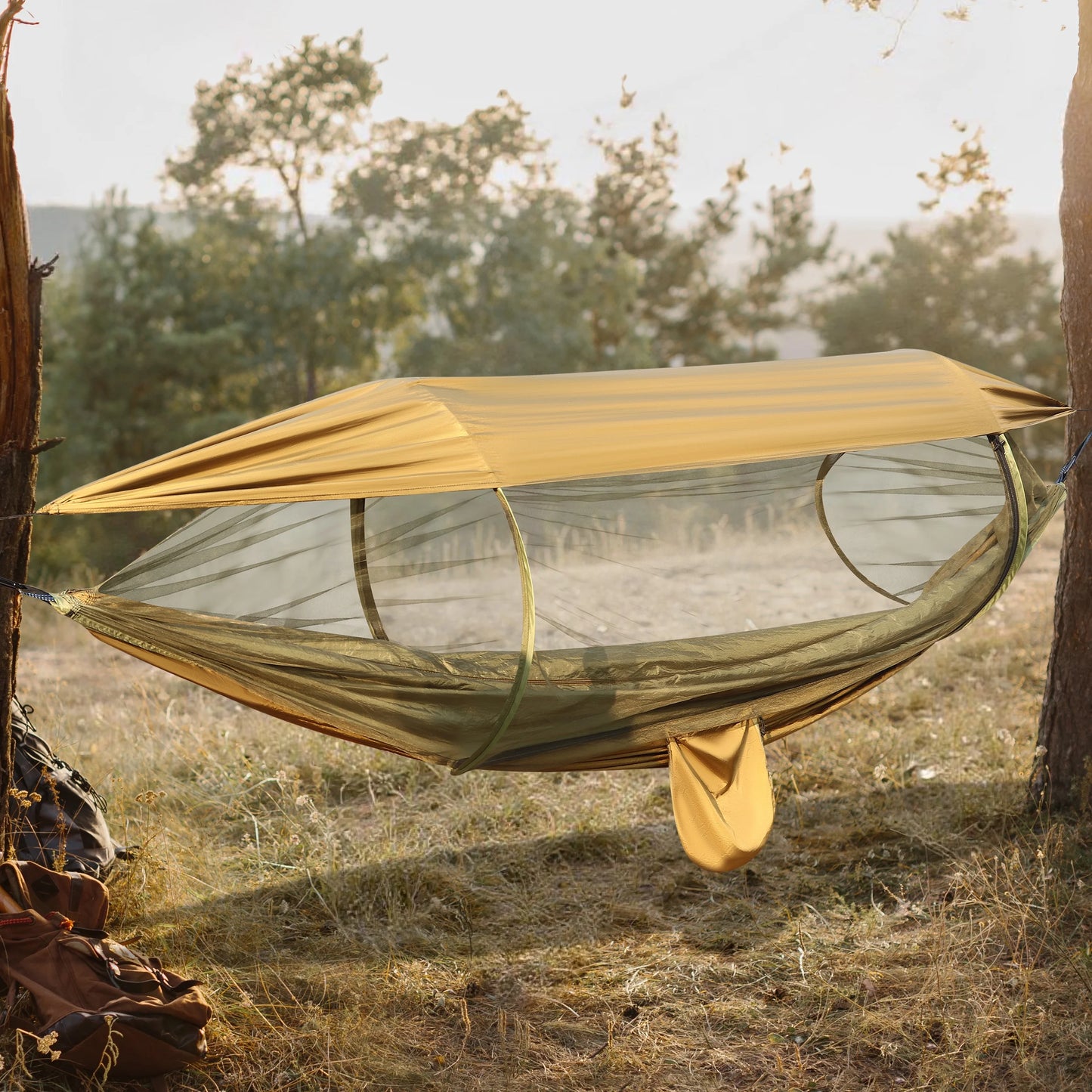 Camping Hammock, 4 in 1 Portable Hammock Tent, 2 Person Pop-Up Hammock with Mosquito Net & Sunshade Cloth & Tree Straps, 550Lbs Max Load Heavy Duty Tree Hammock for Outdoor Camping