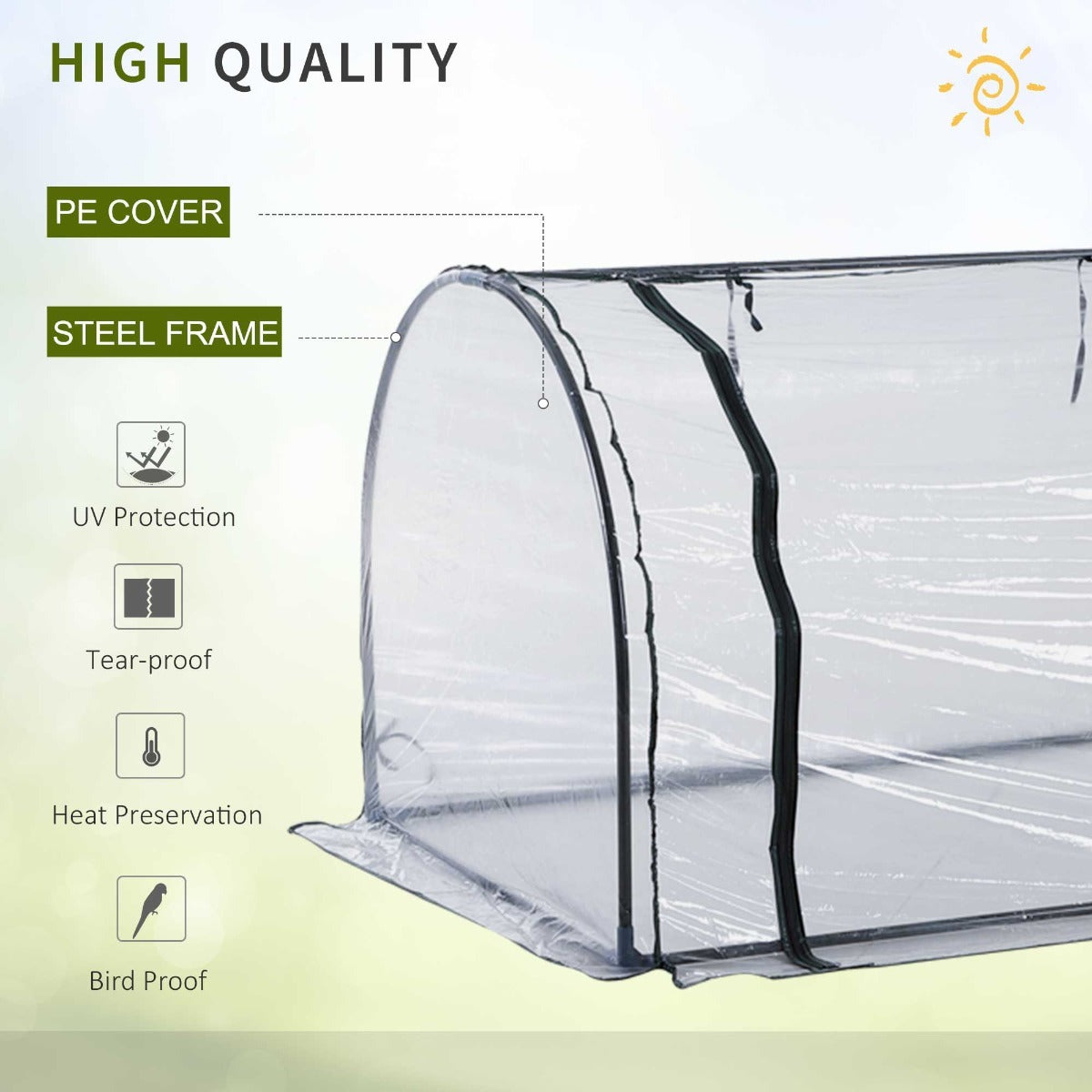 Tunnel Greenhouse 11.5 ft with PVC Cover Steel Frame and Zippered Doors