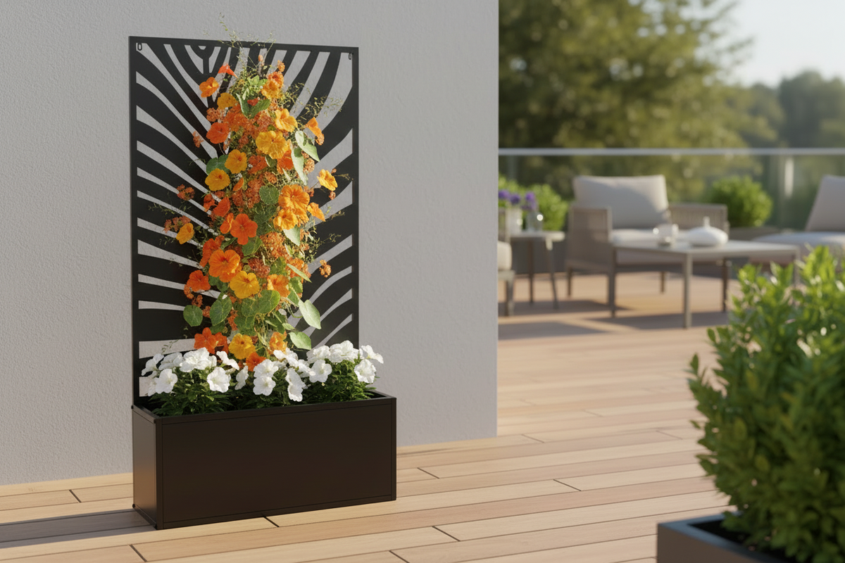 Metal Planter with Leaf-Pattern Trellis, Black