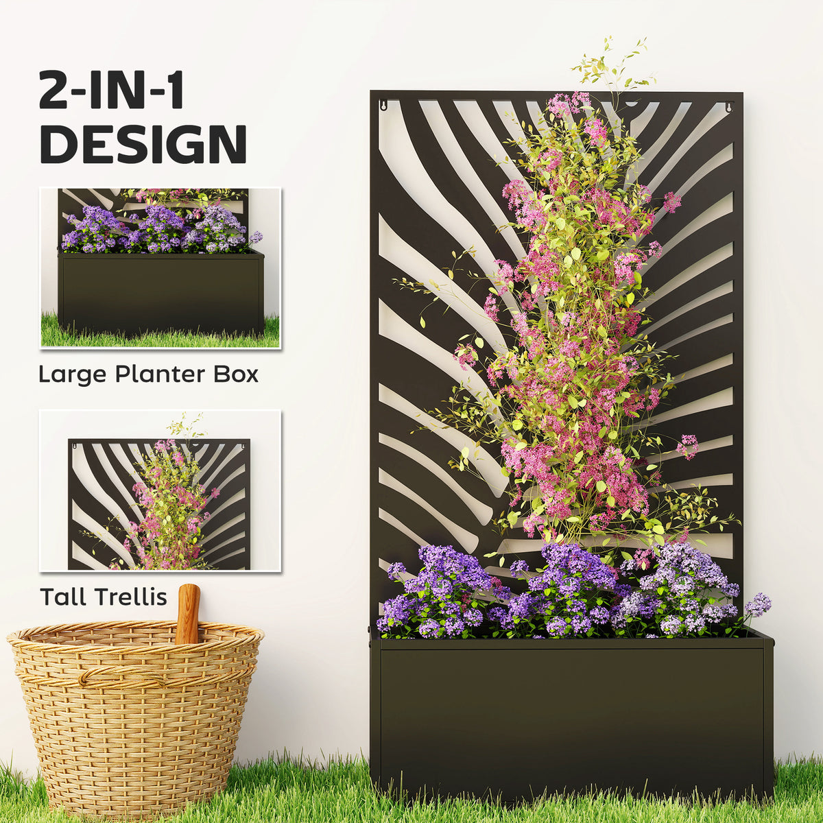 Metal Planter with Leaf-Pattern Trellis, Black