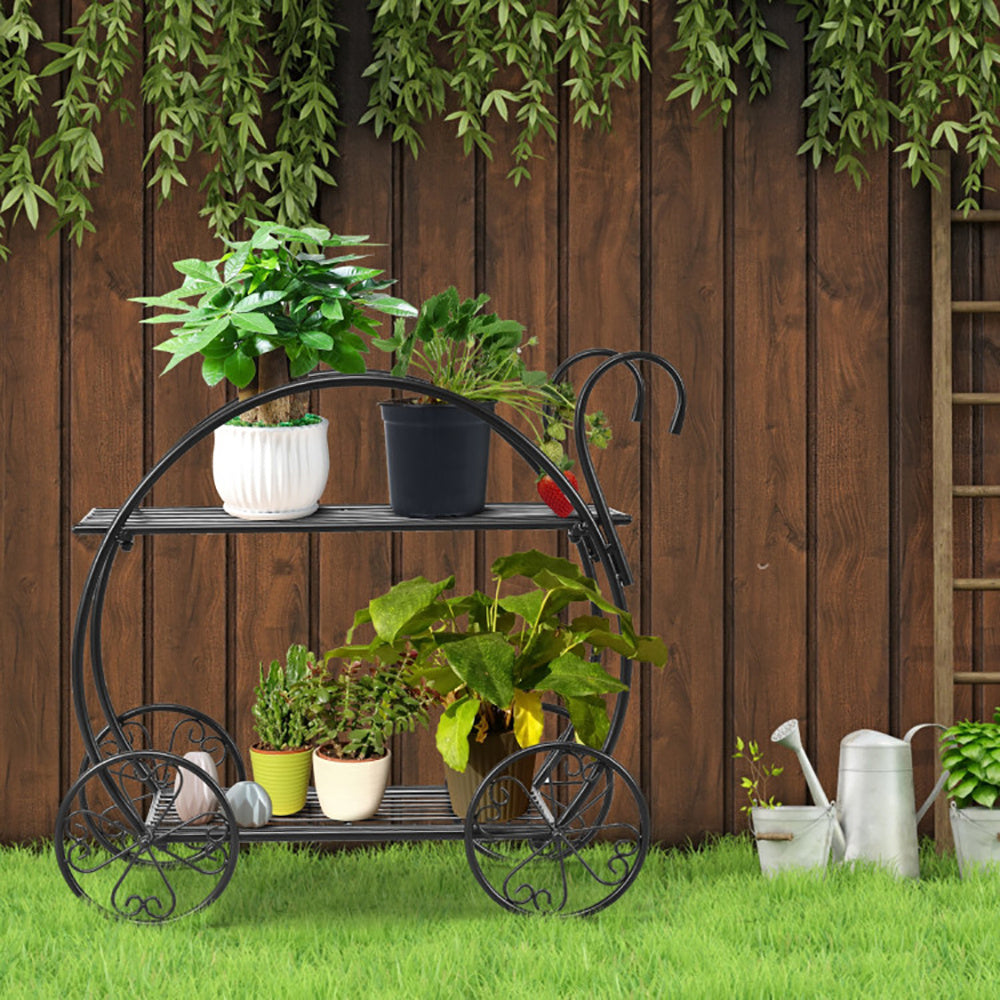 26" Black Rolling Plant Stand – 2-Tier Parisian Cart Style, Indoor & Outdoor