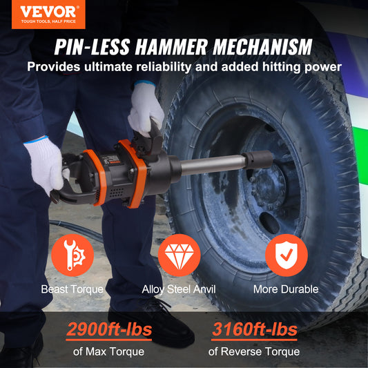1-Inch Drive Air Impact Wrench, 3,160 Ft-Lbs Torque, 8" Extended Anvil for Heavy Equipment
