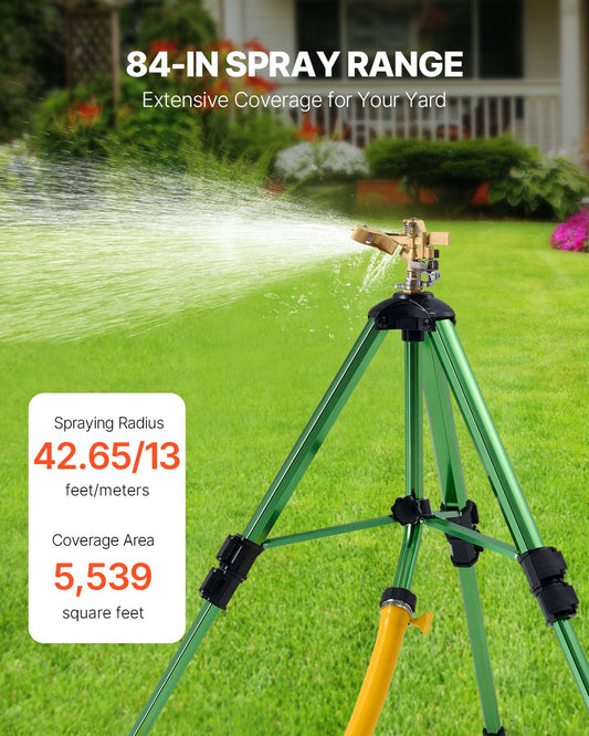 Garden sprayer on a grassy lawn with spray range and coverage area details.