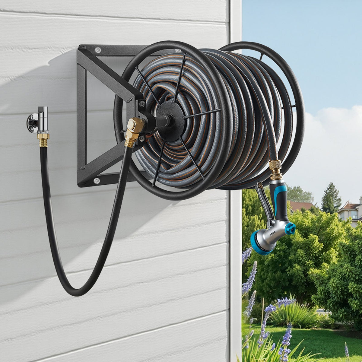 Wall Mount Hose Reel 200ft Heavy-Duty Steel with Brass Fittings