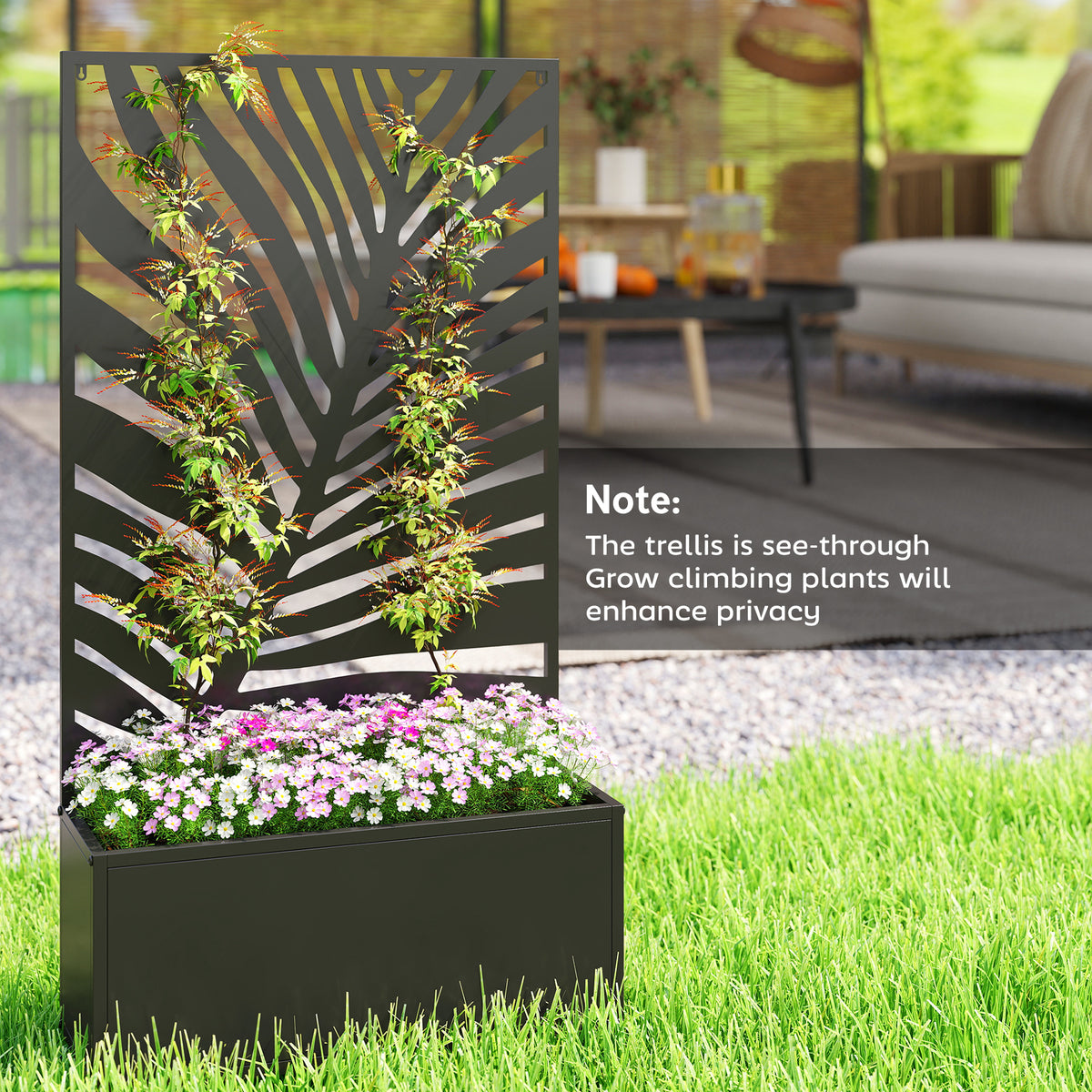 Metal Planter with Leaf-Pattern Trellis, Black