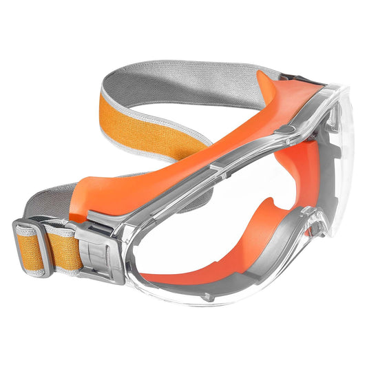 Orange and gray safety goggles on a white background