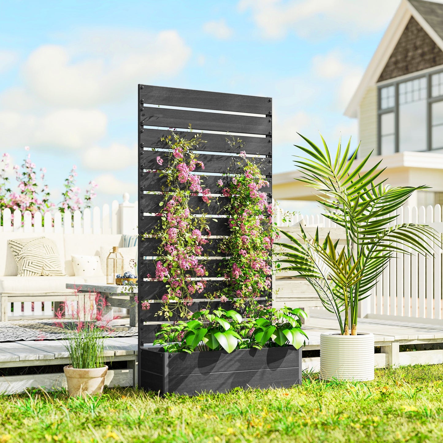 Raised Garden Bed with Trellis, 35.75" x 70.75", Black - Rooted Supplies