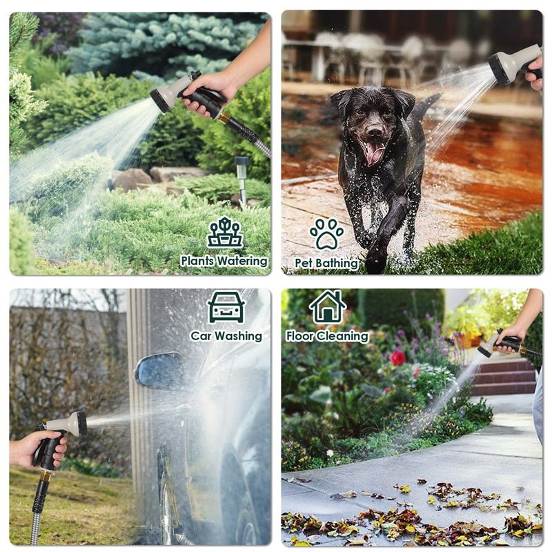 Stainless Steel Metal Garden Hose — Kink Free, 10-Pattern Spray Nozzle, 2 Nozzles | 50FT & 100FT - Rooted Supplies
