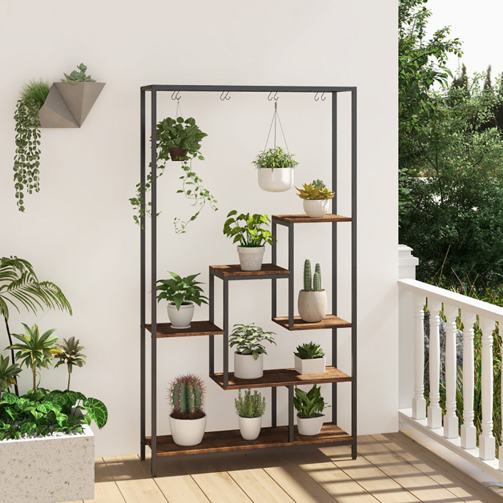 6-Tier Corner Plant Stand with Hooks Tall Metal Shelf for Indoor Plants