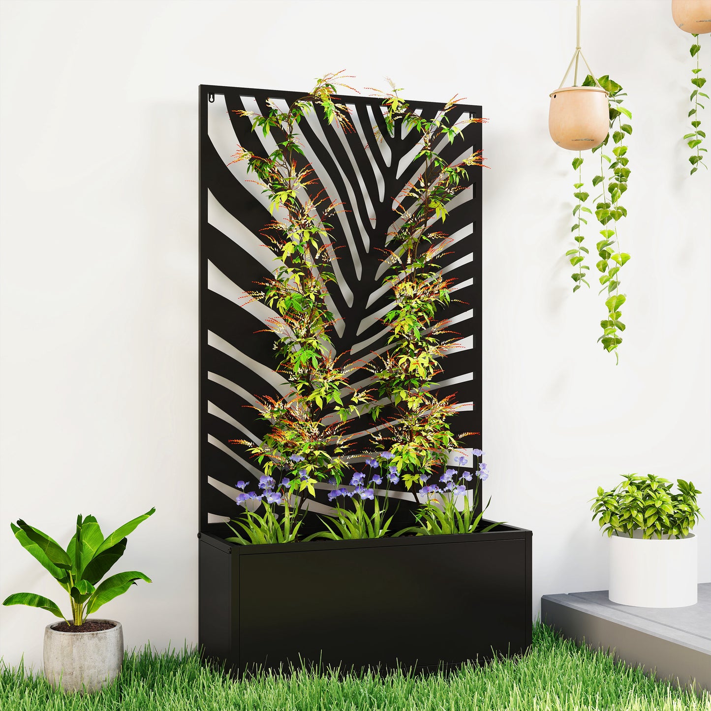Metal Raised Garden Bed with Leaf Trellis, Freestanding or Wall Mounted