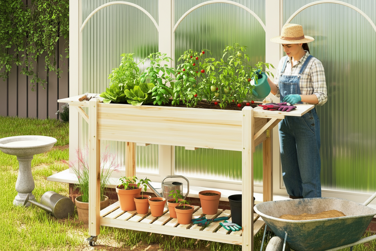 Elevated Raised Garden Bed with Wheels, Side Tables & Storage - Natural Wood