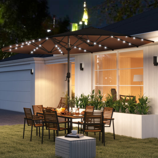 15 Ft Solar LED Patio Umbrella Parasol | Double-Sided, UV Blocking, Crank Lift