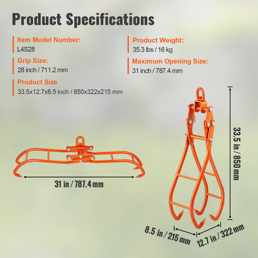 28" Log Grapple Hook with 4 Claws - 2205 lb Capacity Timber Lifting Tongs
