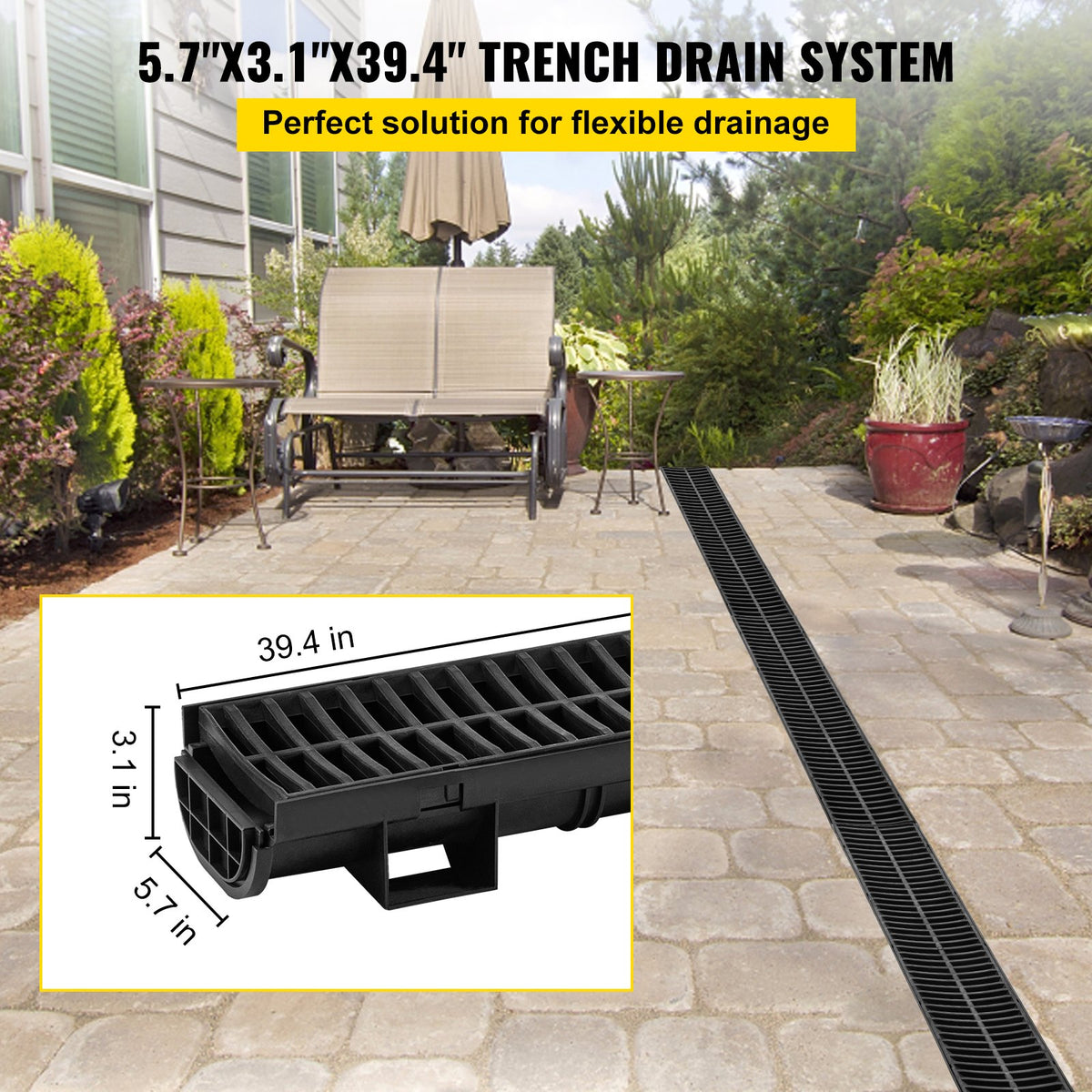 39.4" Trench Drain System with Grate - 5 Pack Driveway Channel Drain